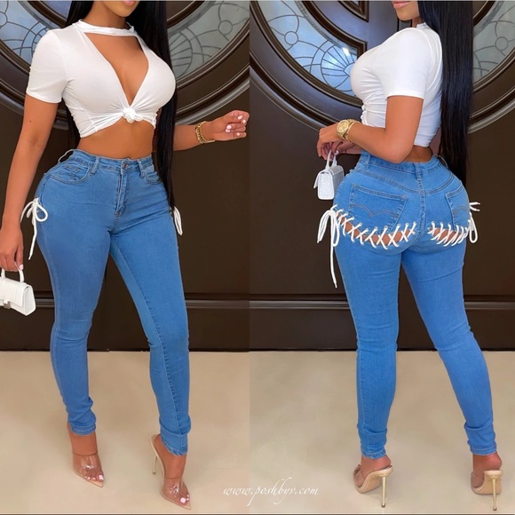 PoshByV Boutique Denim - PoshByV Boutique - Lavish Laced Jeans - Denim/ White - Medium
